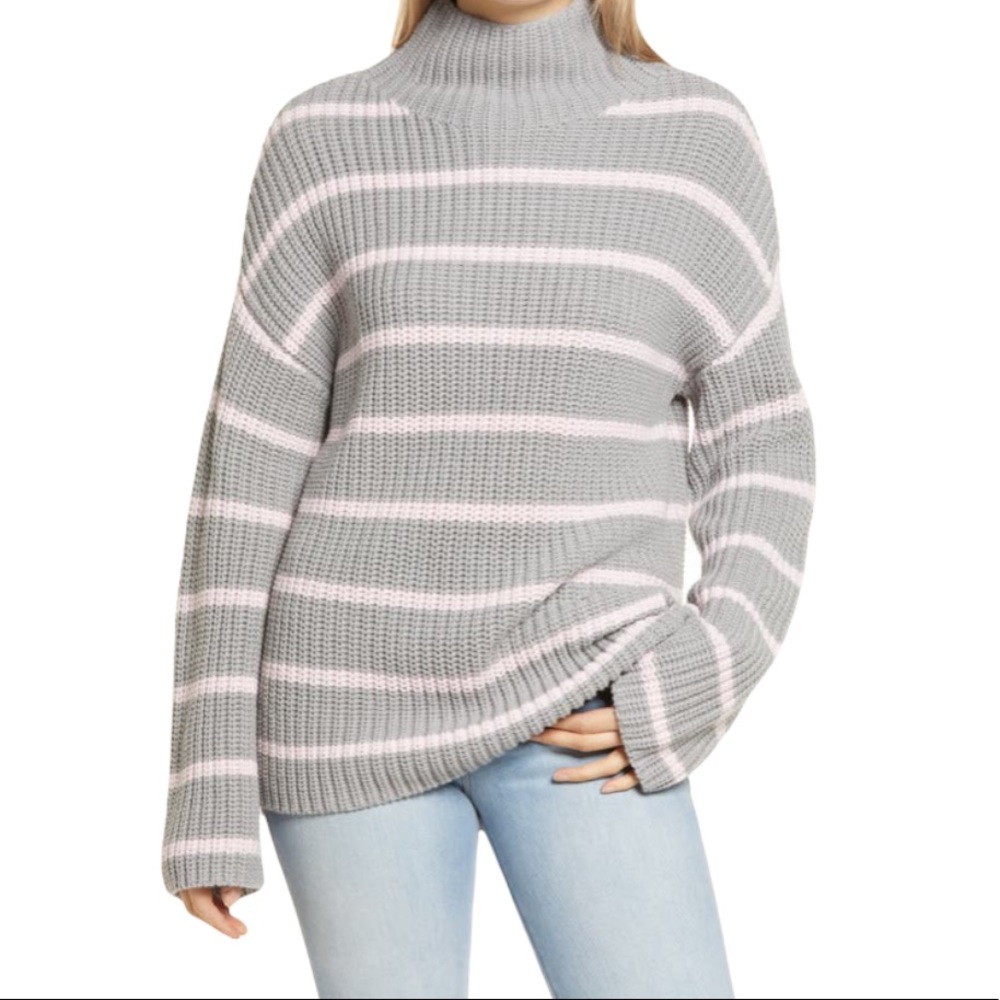 Caslon Oversized Gray Pink Chunky Knit Striped Sweater Medium / Large NEW